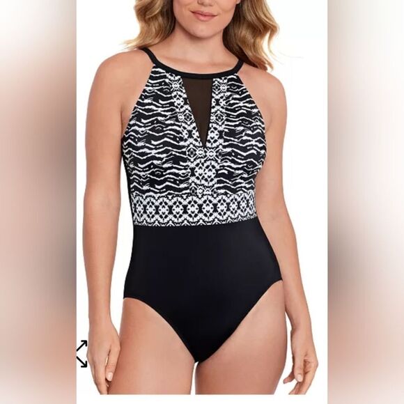 SWIM SOLUTIONS Tummy Control Mesh Insert Swimsuit NWT sz 10 black/white - Picture 1 of 5